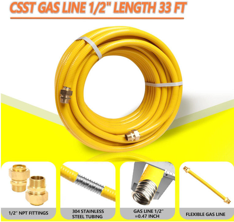 Manguera gas 33ft 1/2” acero inoxidable flexible CSST con adaptadores, Nuevo