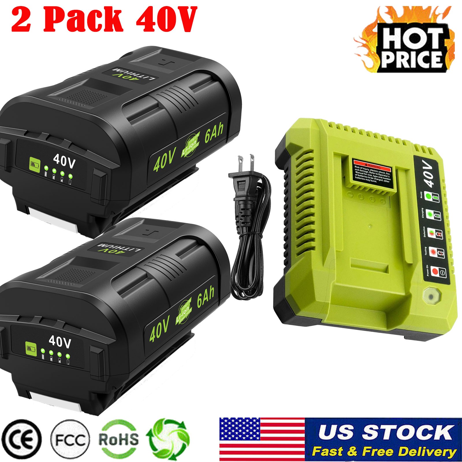 2X 6.0Ah Battery for Ryobi 40V Lithium OP40602 Battery OP401 40Volt Fast Charger
