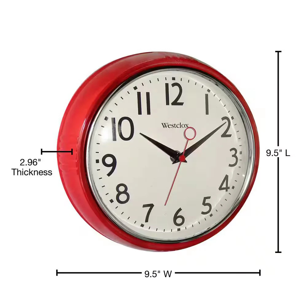 Westclox Retro Wall Clock Red 12 Inch Round Analog Quartz Kitchen Chrome Bezel