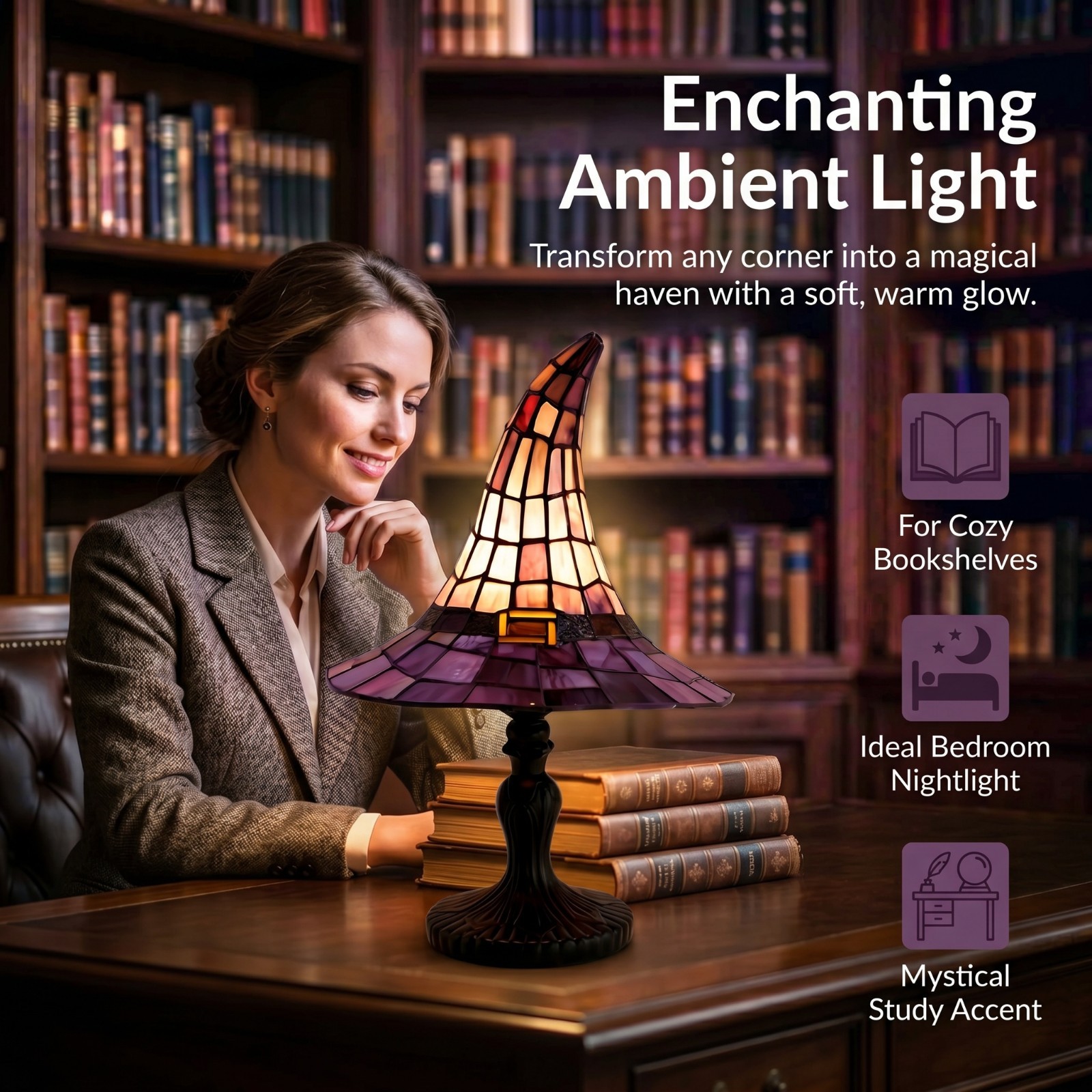 Stained Glass Witch Hat Lamp,USB Powered Gothic Wizard Hats Night Light