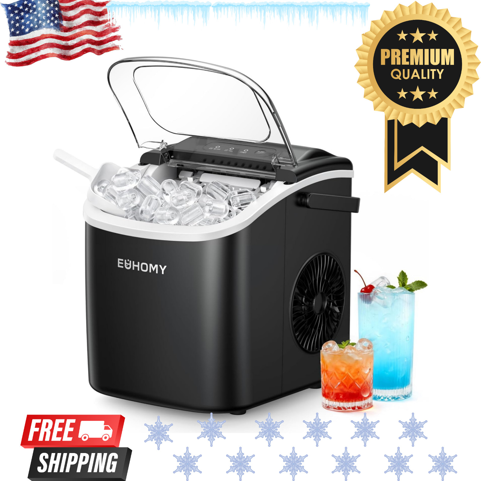 EUHOMY Countertop Ice Maker Machine, 26lbs/24Hrs, 9 Ice Cubes Ready in 6 Mins