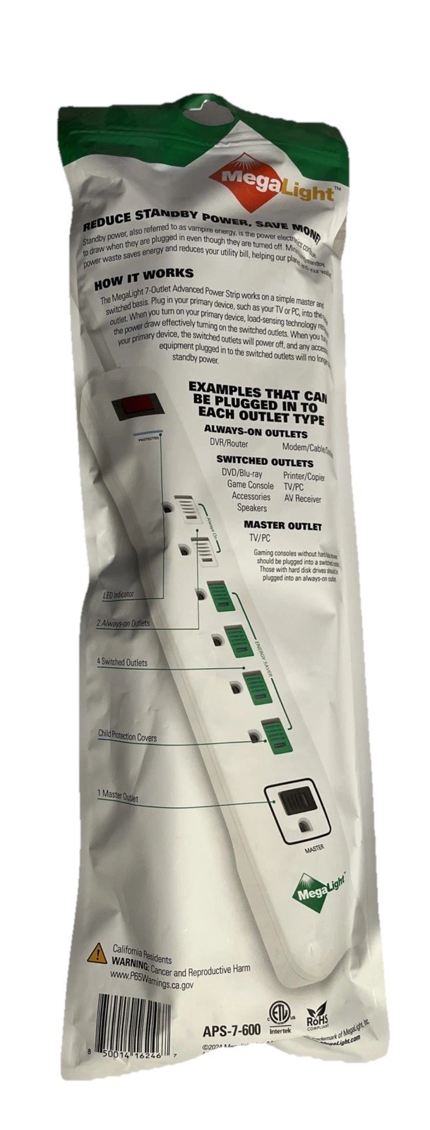 7 OUTLET Power Strip & Surge Protector Megalight APS-7-600 Energy Saver NEW