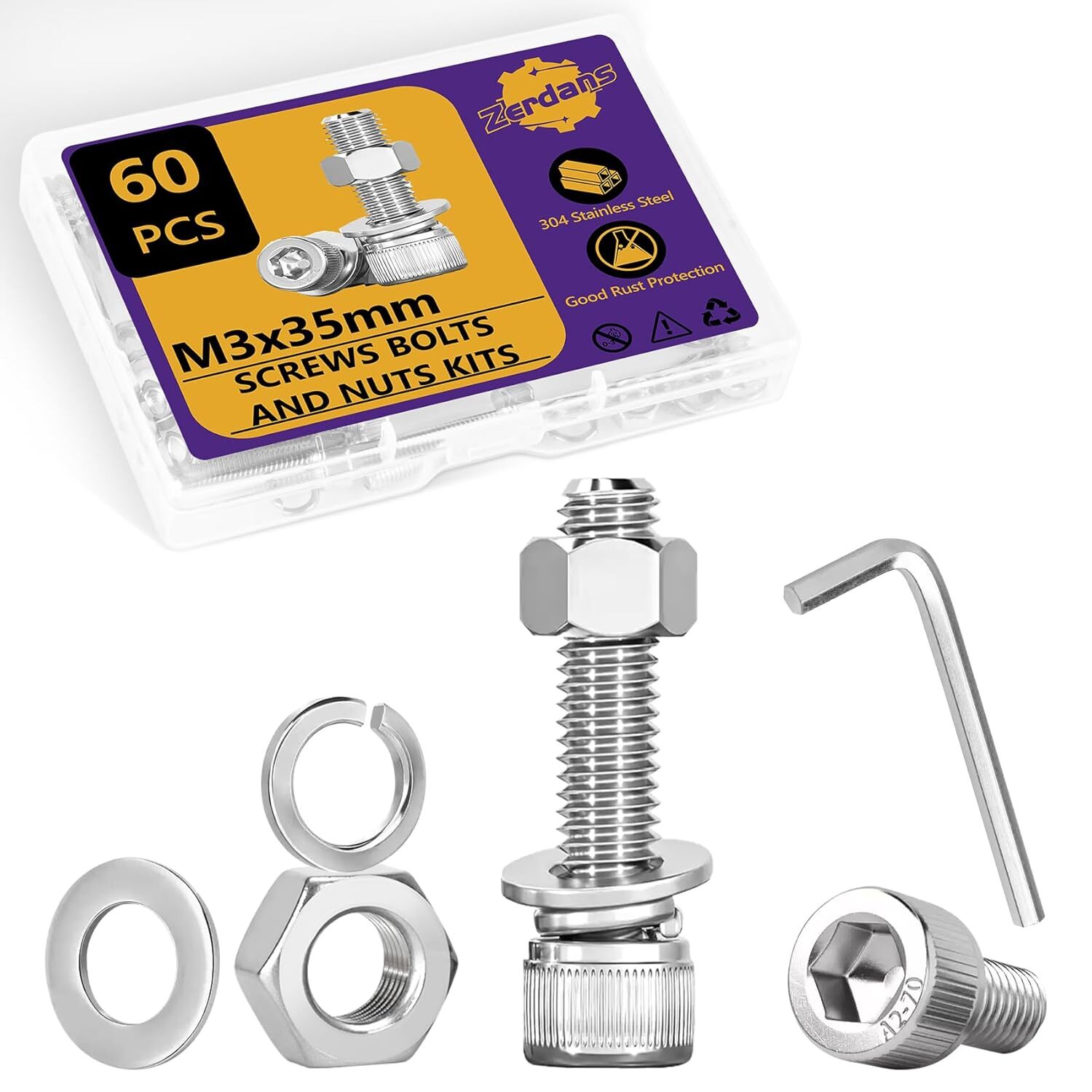 Hex Socket Head Cap Screws Bolts & Nuts Assortment Kit with Lock & Flat Washers