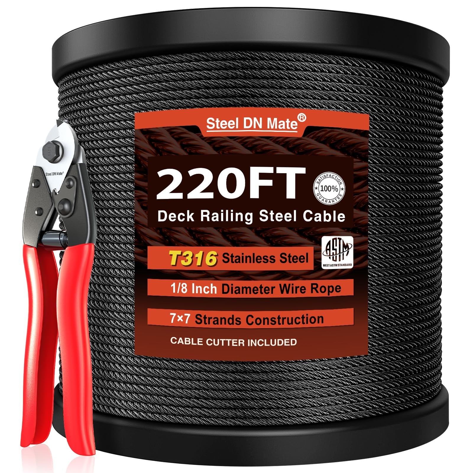 Steel DN Mate 220ft Black Wire Rope 1/8″ T316L Marine Grade Stainless Steel C…