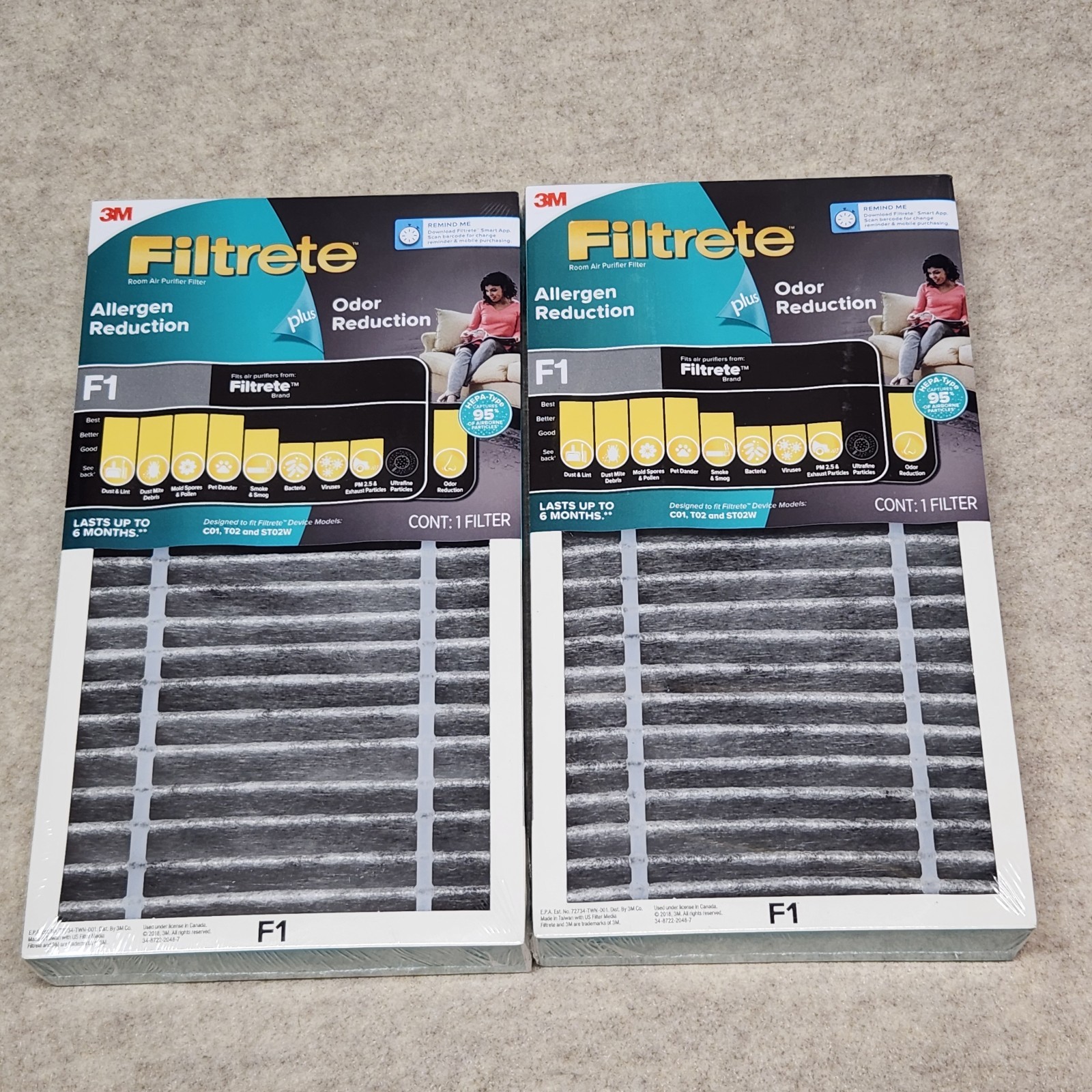 2 Pack Filtrete F1 Air Purifier Filter Replacement HEPA-Type Allergen Odor NEW