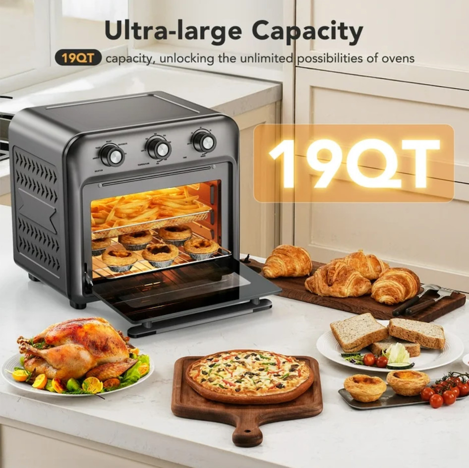 19QT Air Fryer Toaster Oven With Convection, 5 in 1 Oil Free Cooker, 1500W Black