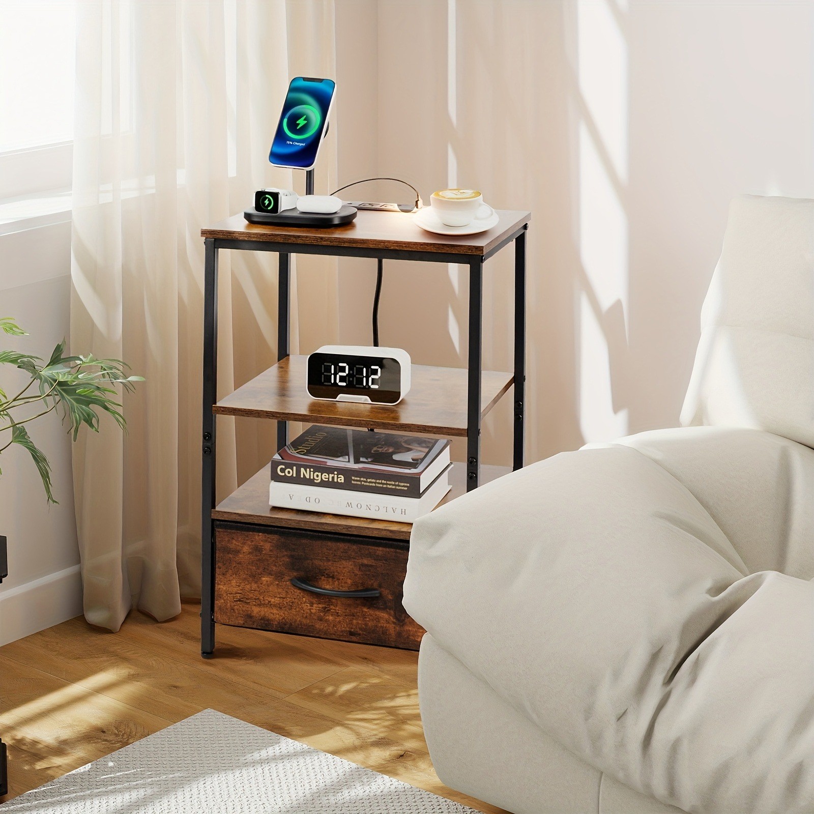 Nightstand Bedside Table W/ 2 Drawers Charging Station Shelf Bedroom Side Table