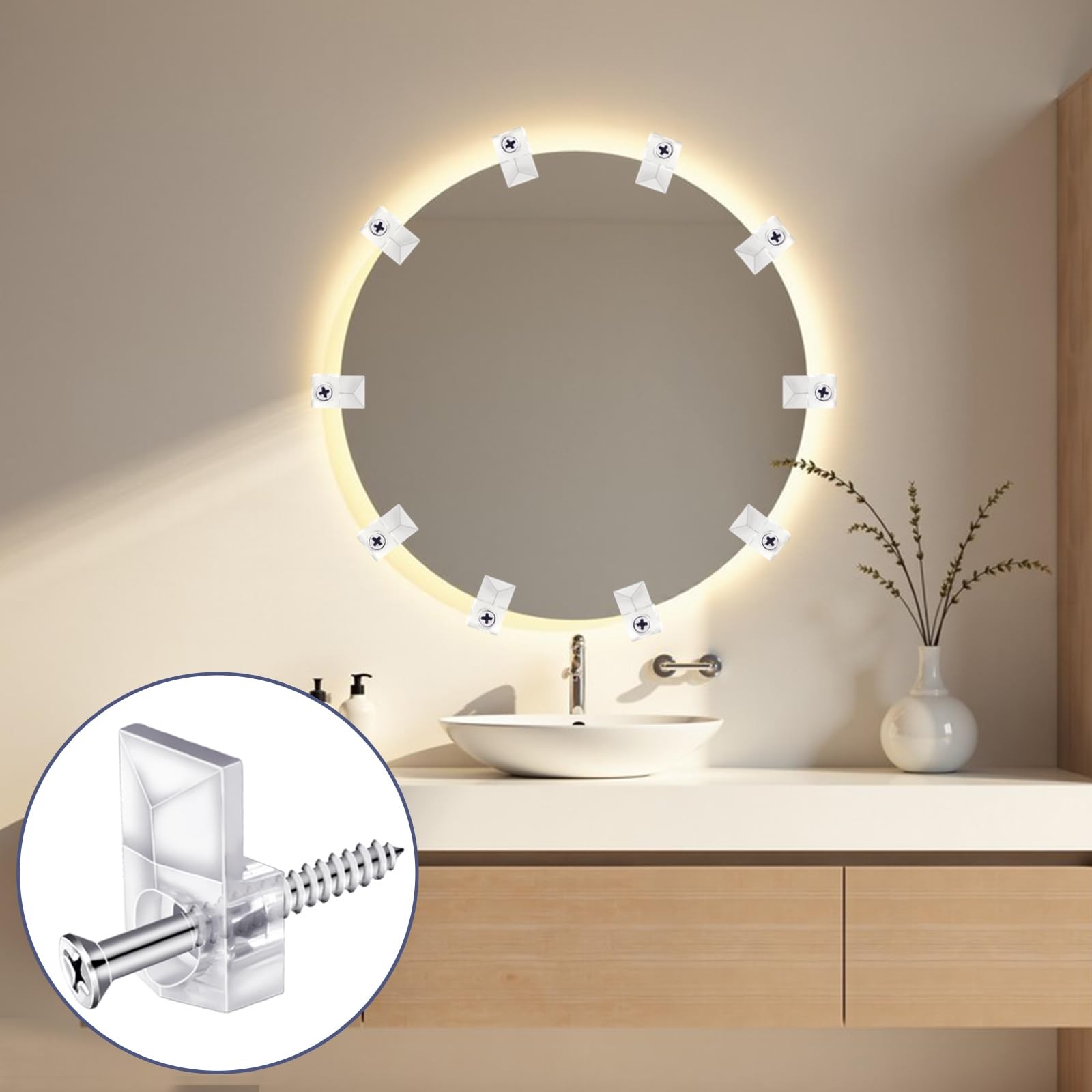 32PCS Clear Mirror Holder Clips Frameless Wall Mount Hardware with Screws