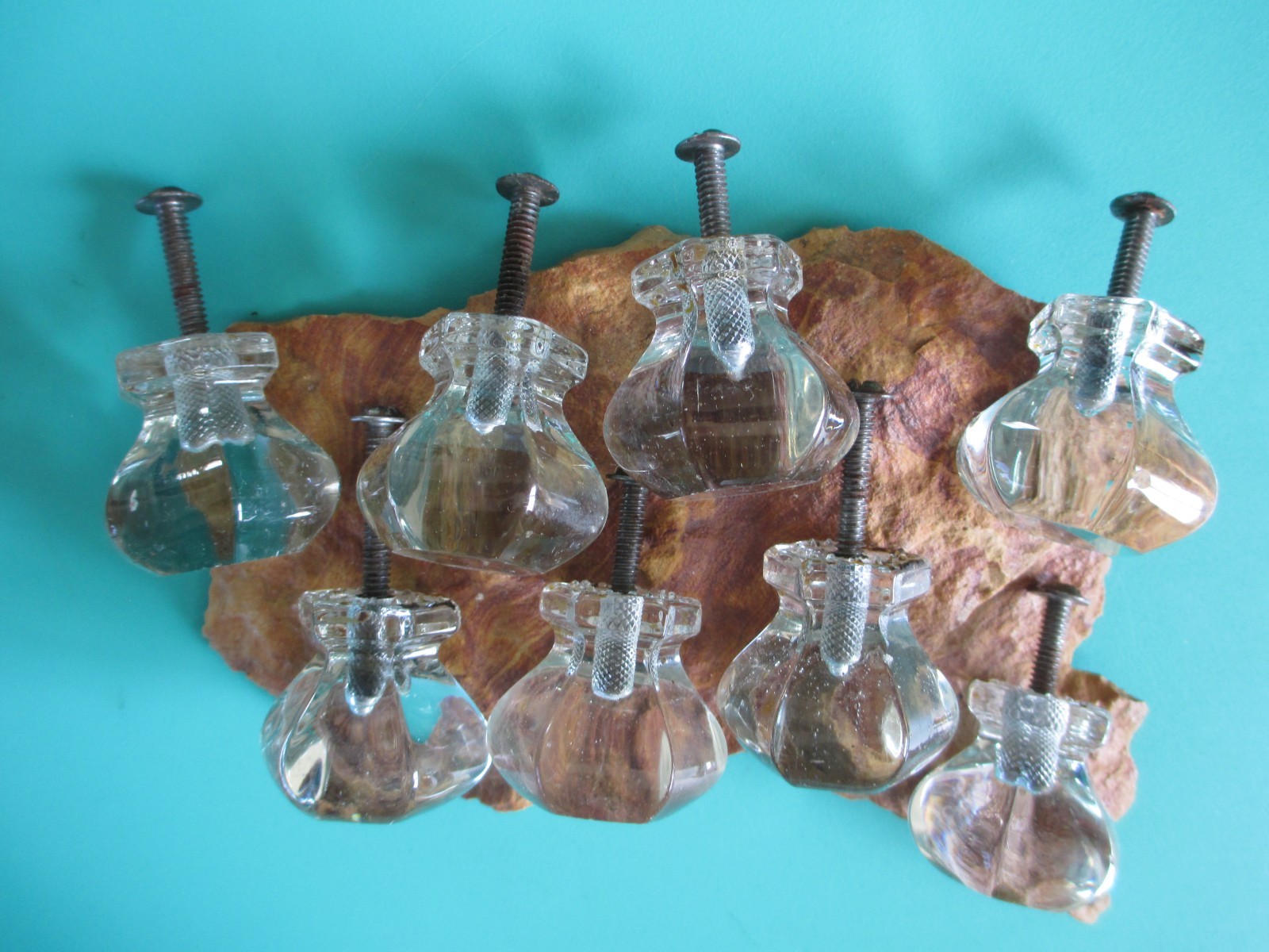 8 VINTAGE ANTIQUE ORIGINAL LARGE OCTAGON CLEAR GLASS CABINET DRAWER KNOB PULLS