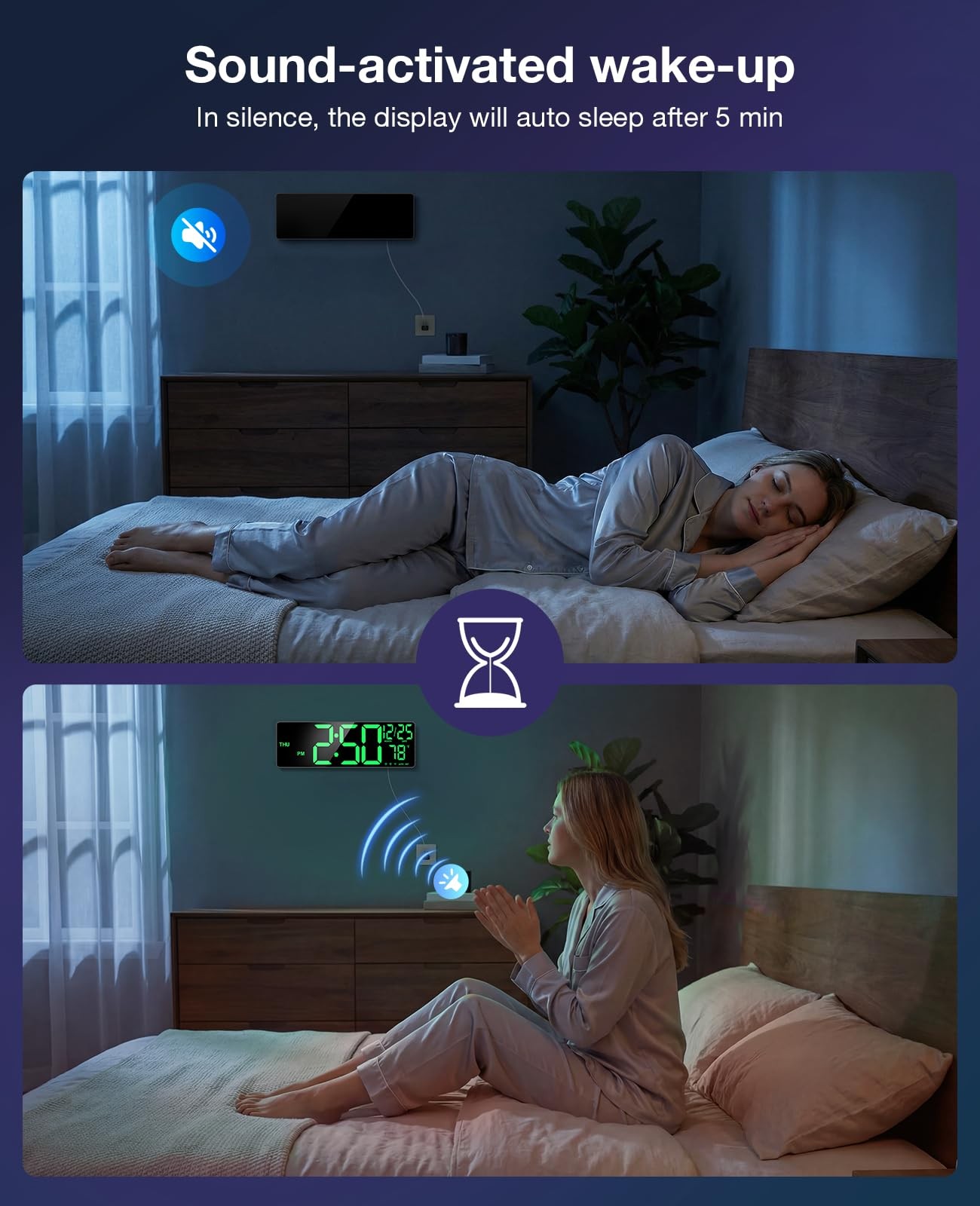 16” Large Digital LED Wall Clock with Remote Control Dual Alarm 8 RGB Bluetooth