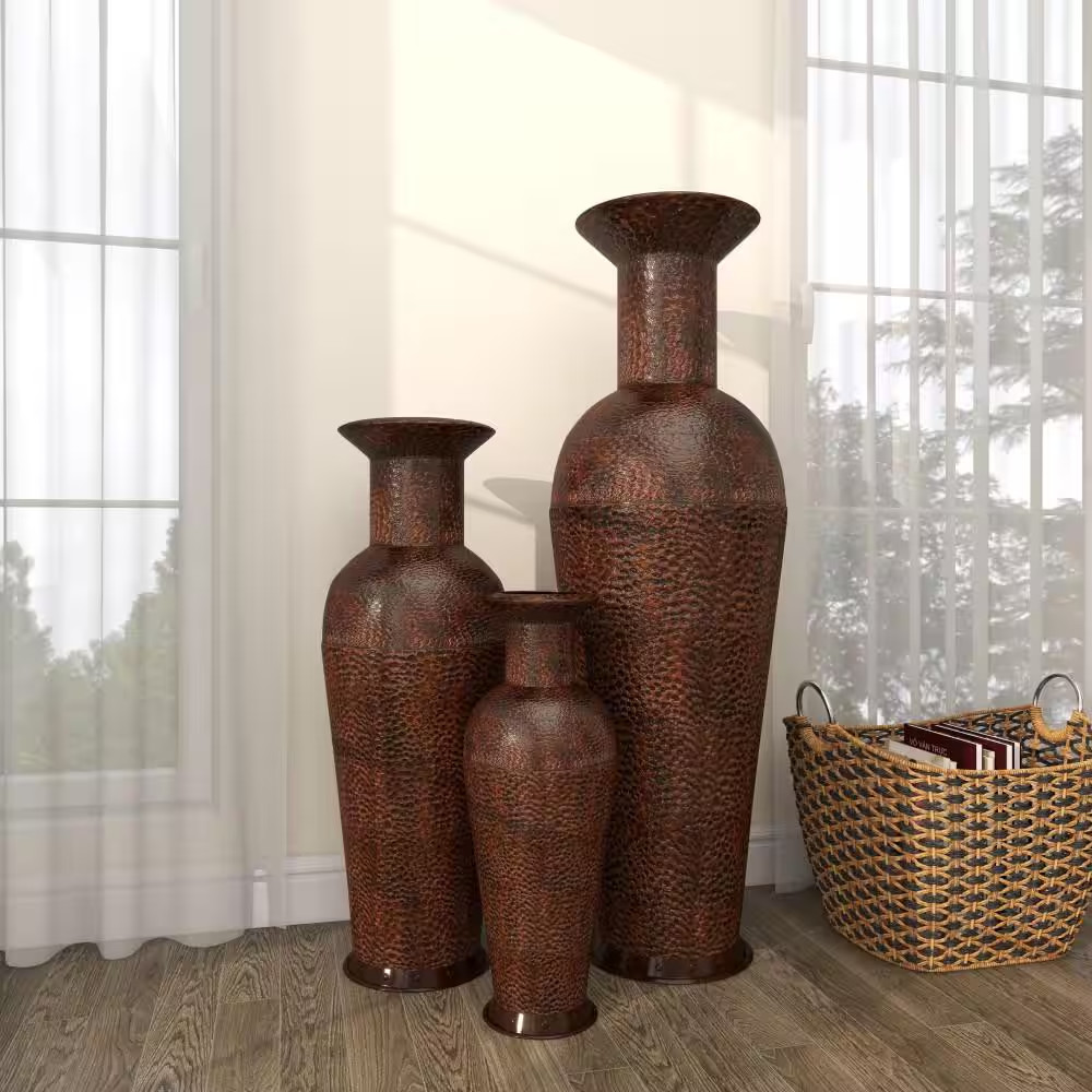 50 In., 35 In., 26 In. Brown Tall Floor Bottleneck Metal Decorative Vase with Bu
