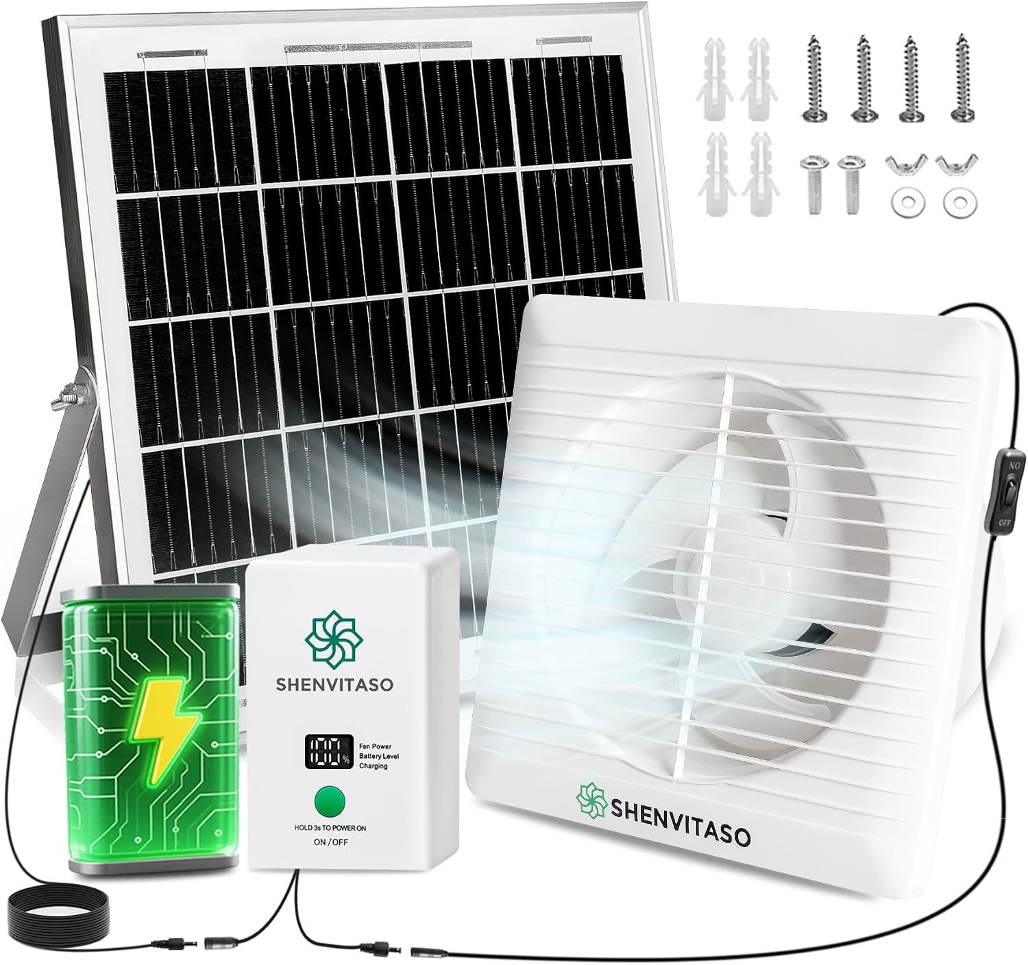 Solar Exhaust Fan with 7500Mah Battery & LCD Display, 25W Solar Panel Vent Fan f