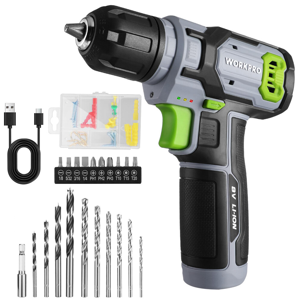 WORKPRO 8V Cordless Drill Driver Set 53pcs Bit Electric Drill 3/8″ Keyless Chuck