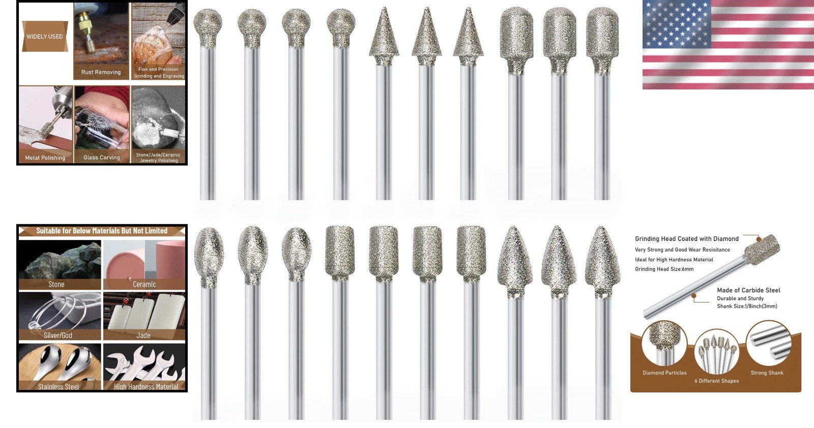 20-Piece Diamond Burr Set for Precision Engraving & Polishing – 1/8 Inch Shank