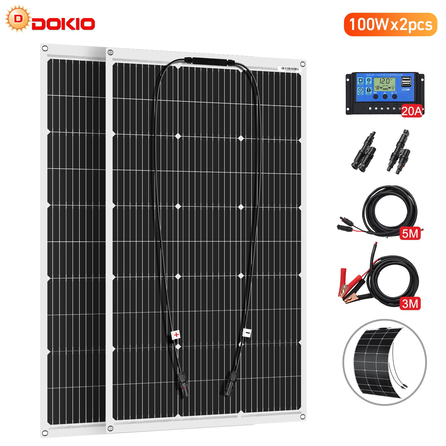 DOKIO 200W 18V Flexible Solar Panel Kit for 12V Battery Charging Boat Off Grid