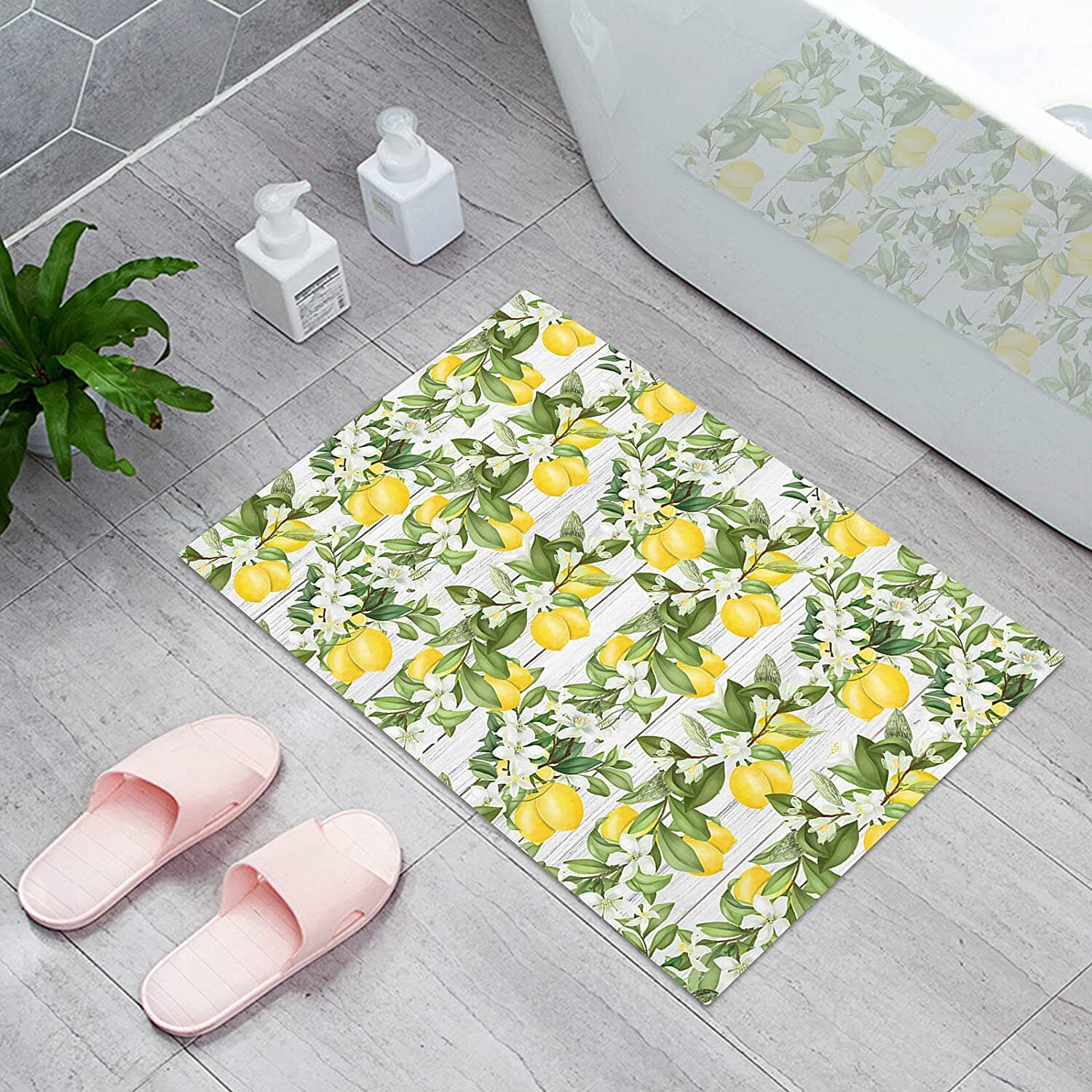 Welcome Doormat Summer Lemon White Flower Green Leaf,Non Slip Indoor Floor Mat