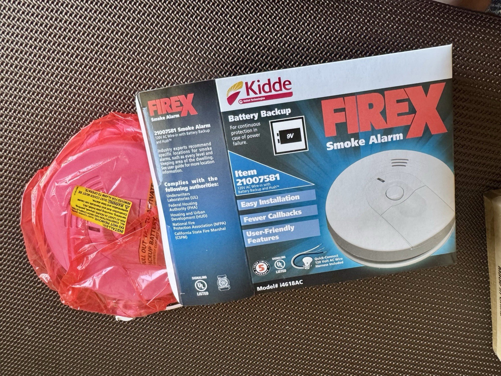 Kidde Firex Detector 120v Hardwired Smoke Alarm With 9V Battery BackUp I4618AC
