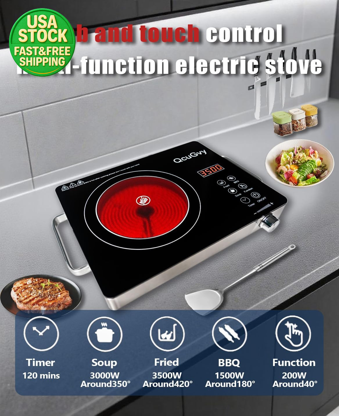 Portable Infrared Electric Burner 3500W Glass Hot Plate Cooktop Touch Control