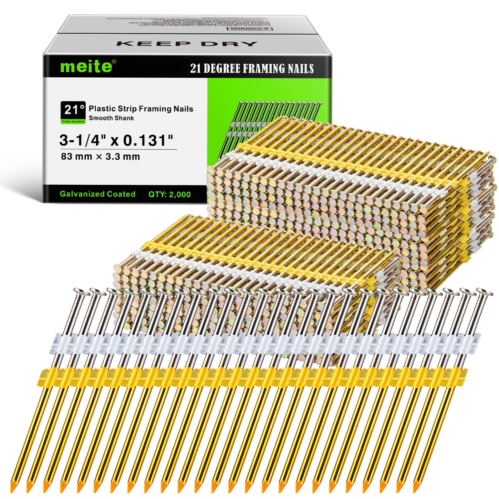 meite 21 Degree Framing Nails 3-1/4” Galvanzied Plastic Collated Smooth Shank