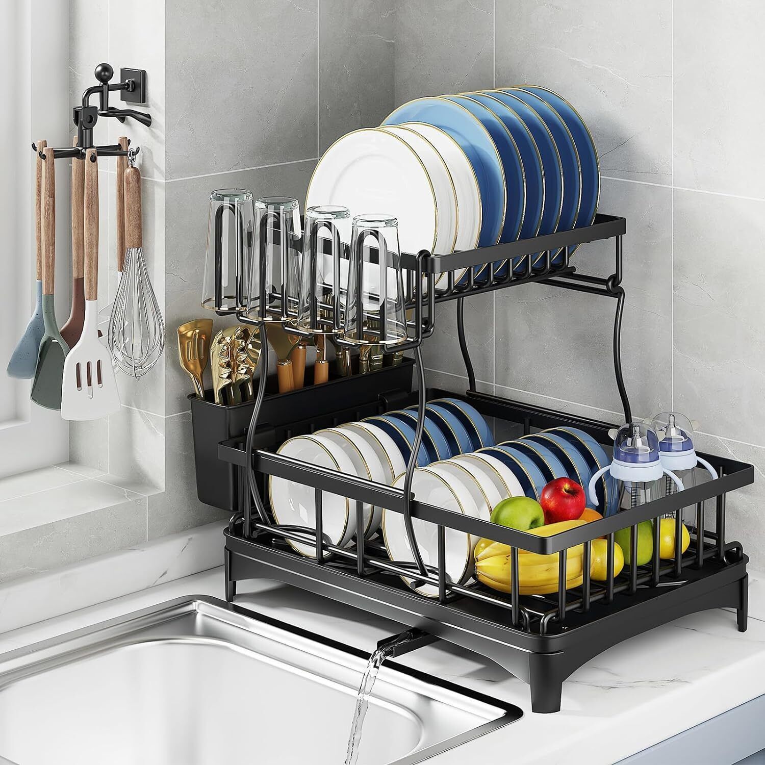 2 Tier Over The Sink Dish Drying Rack Stainless Steel Kitchen Dish Drainer Black