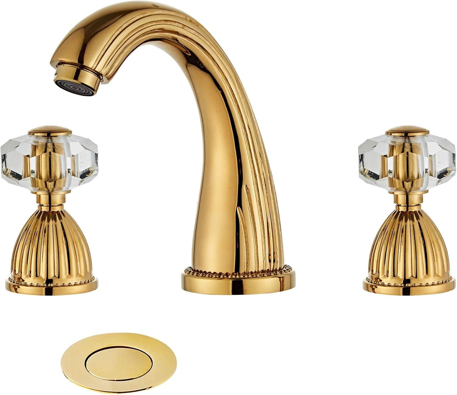 Shiny Polished Gold Widespread Bathroom Sink Faucet, Two Crystal Handle & Drain