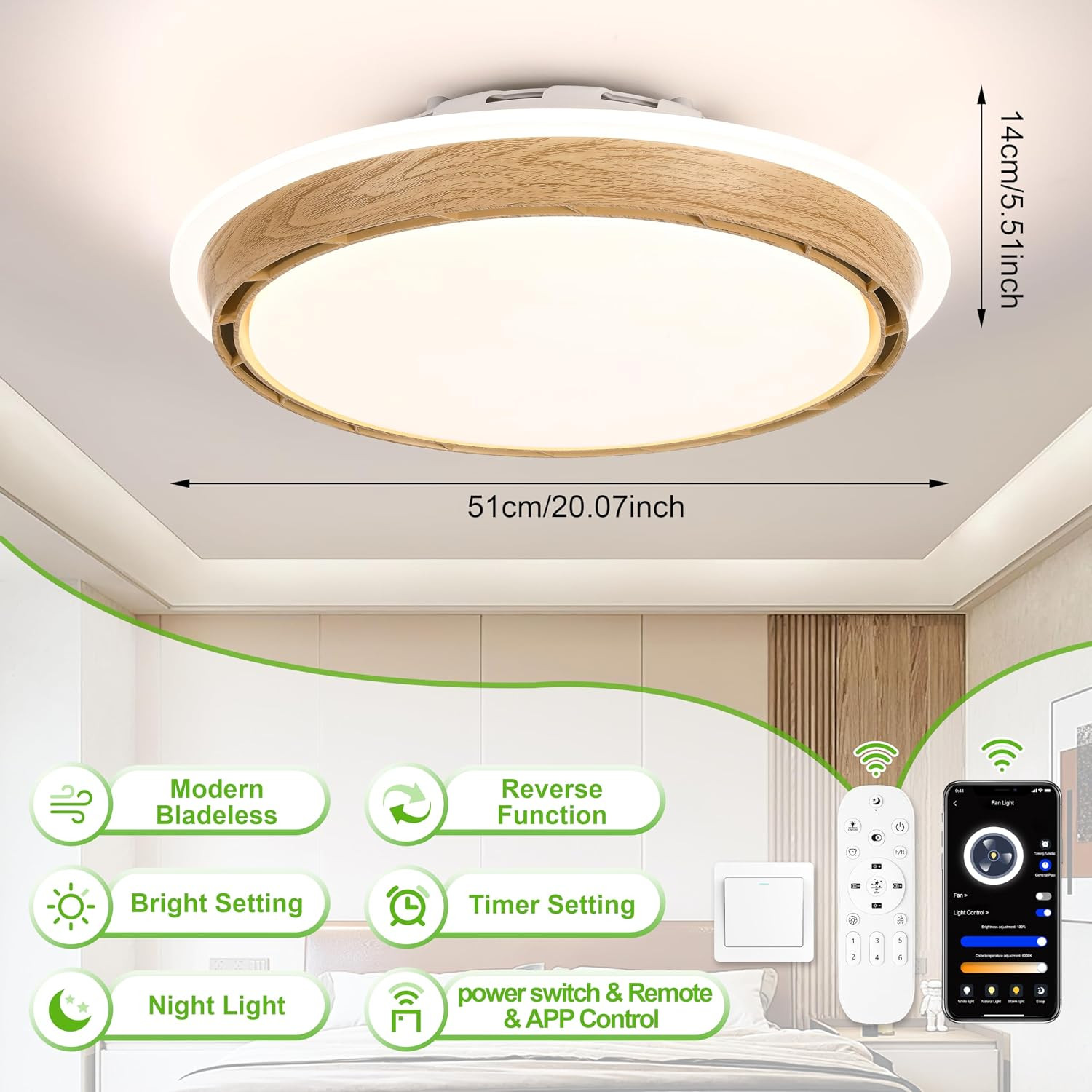 Bladeless Ceiling Fan with Light, Remote & App Control, 6 Speeds, Dimmable LED