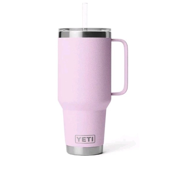 YETI 42 oz Rambler With Handle Straw Cherry Blossom Textured Pink