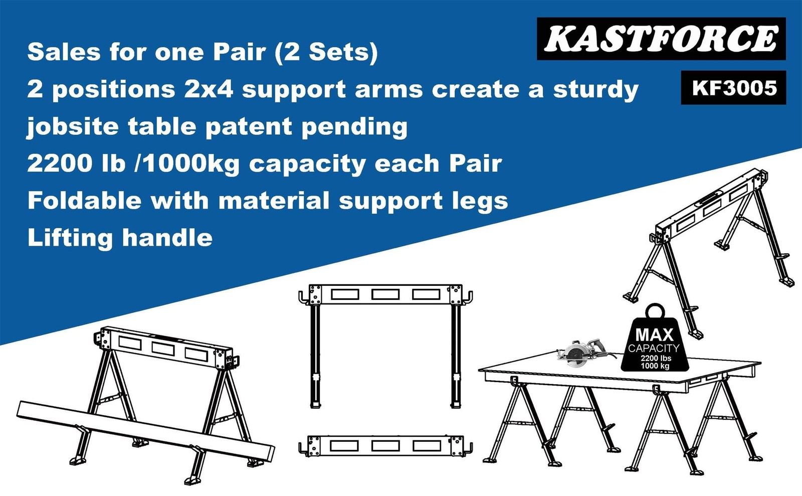 Folding Sawhorse 2200 lb /1000kg capacity Heavy Duty Jobsite Table Stand with…