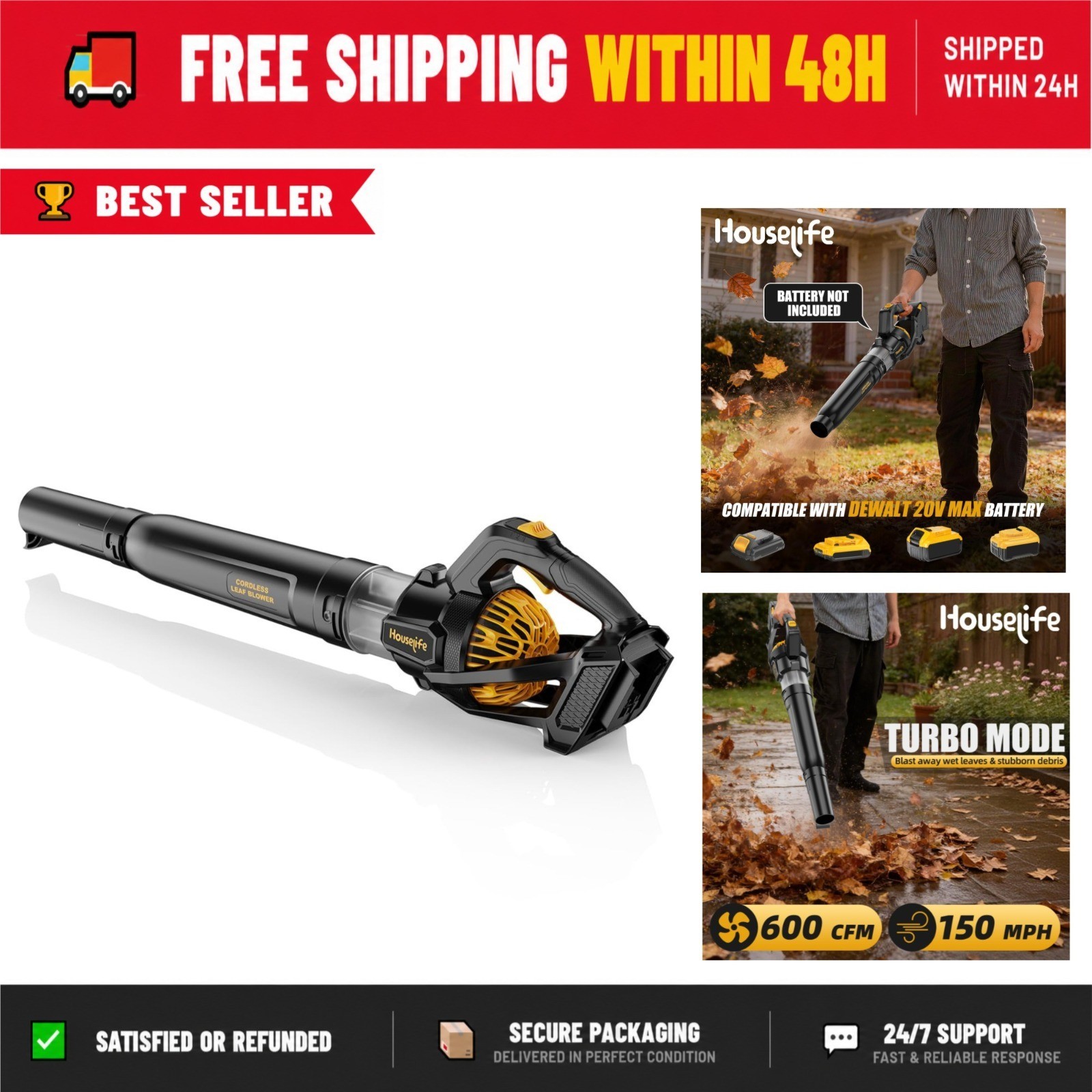 Houselife 600 CFM Cordless Leaf Blower, 150 MPH, Lightweight, Tool Only