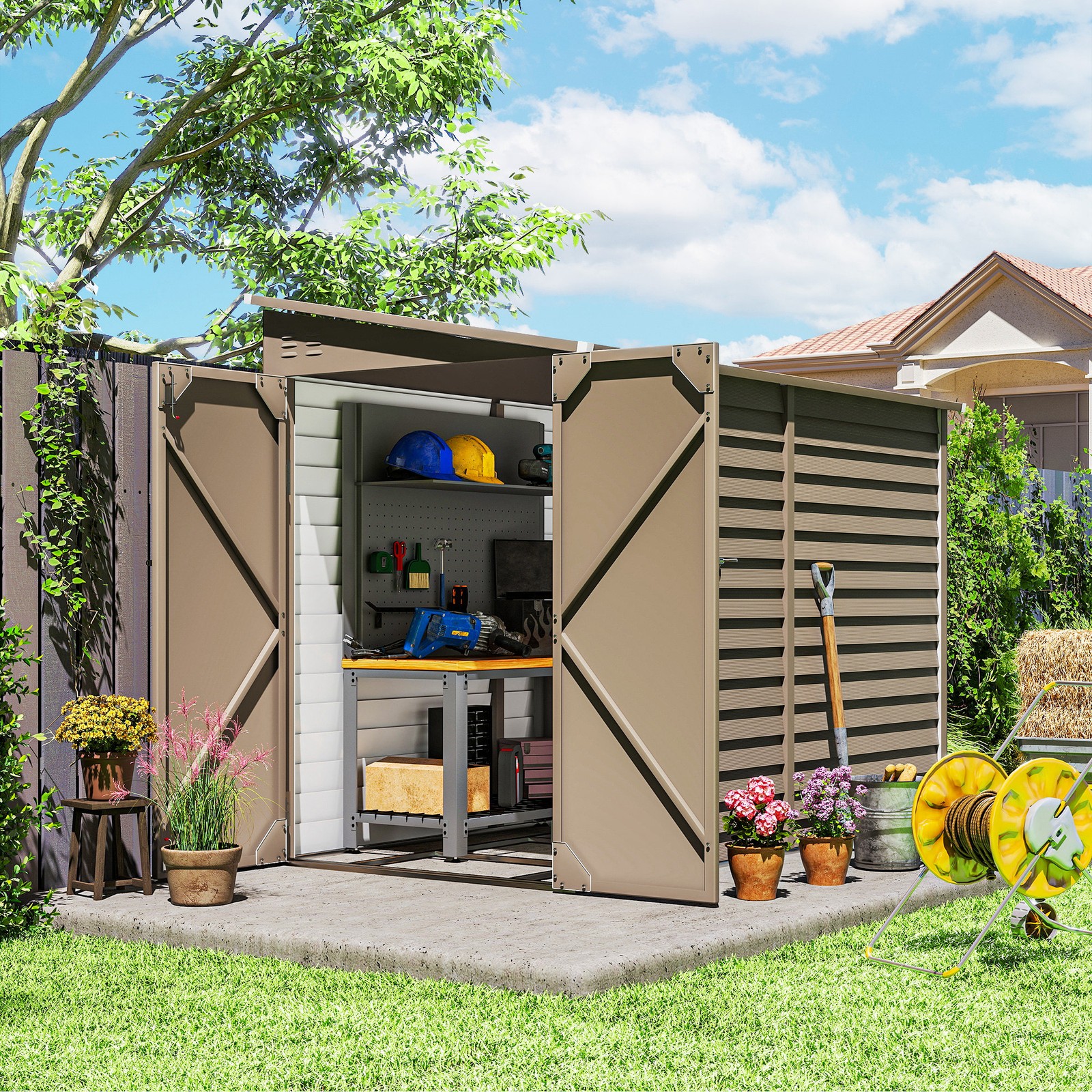 4.6′ x 9′ Metal Outdoor Storage Shed with Lockable Doors, Brown
