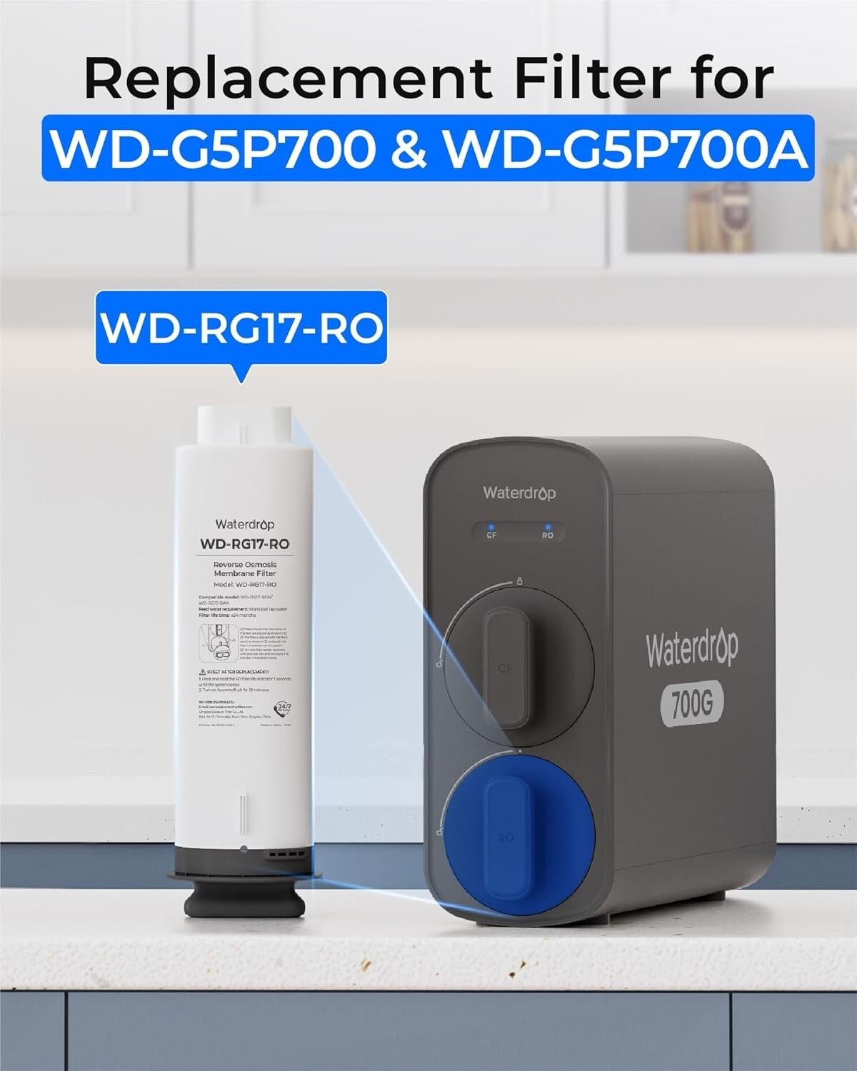 Waterdrop WD-G5P700-RO Filter, Replacement for WD-G5P700 & WD-G5P700A, 24-month
