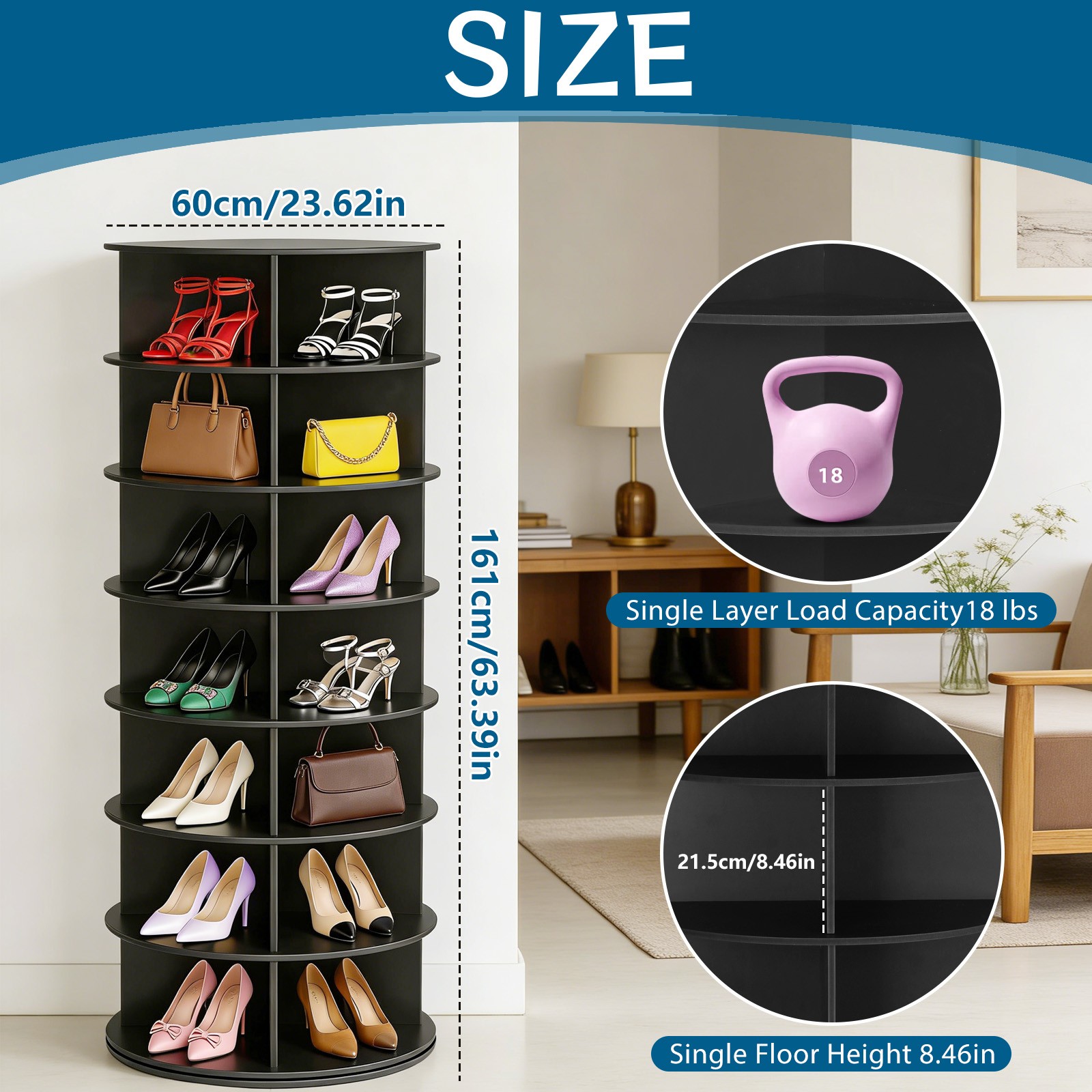Rotating Shoe Rack Tower 7 Tier Organizer, Revolving 360 Black Shoe Rack Storage