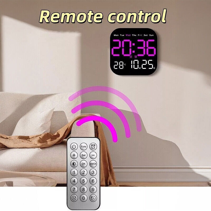 Wall Clock Remote Control Temperature Date Week Display Adjust LED Large Digital
