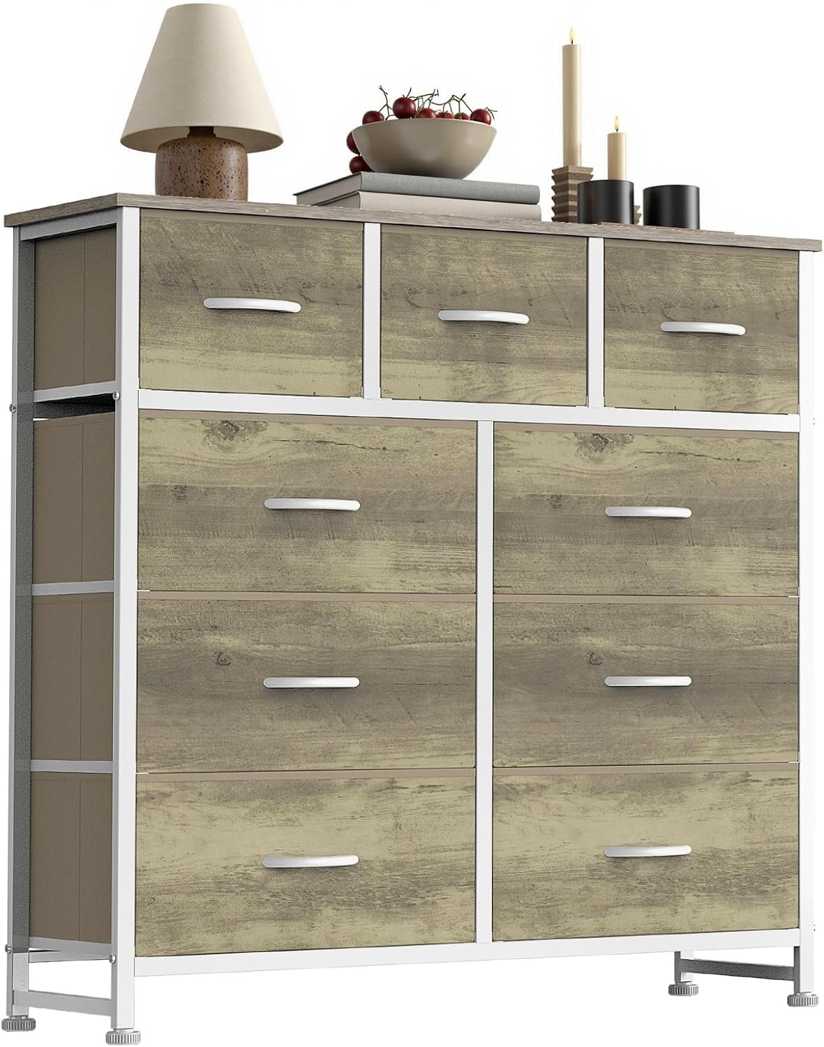 9 Storage Drawer Dresser for Bedroom Tall Wood Dresser with Fabric Storage Tower