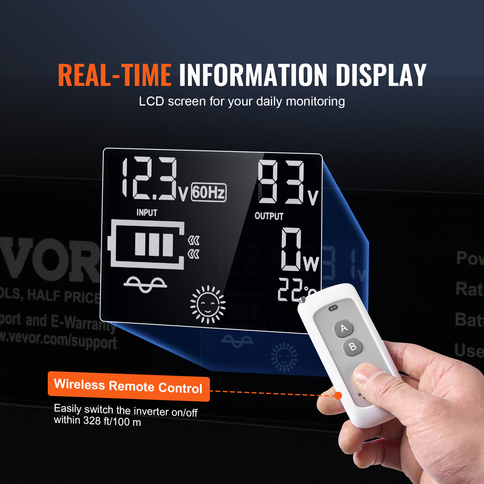 VEVOR Pure Sine Wave Power Inverter 2000W DC12V to AC120V LCD Remote Control CE