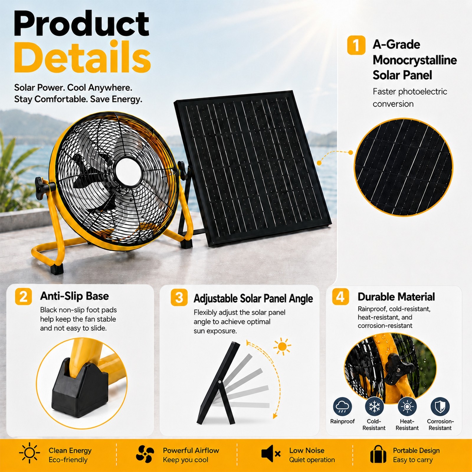 12″ Solar Rechargeable Floor Fan Built-in 1500mAh Battery for Backyard Camping