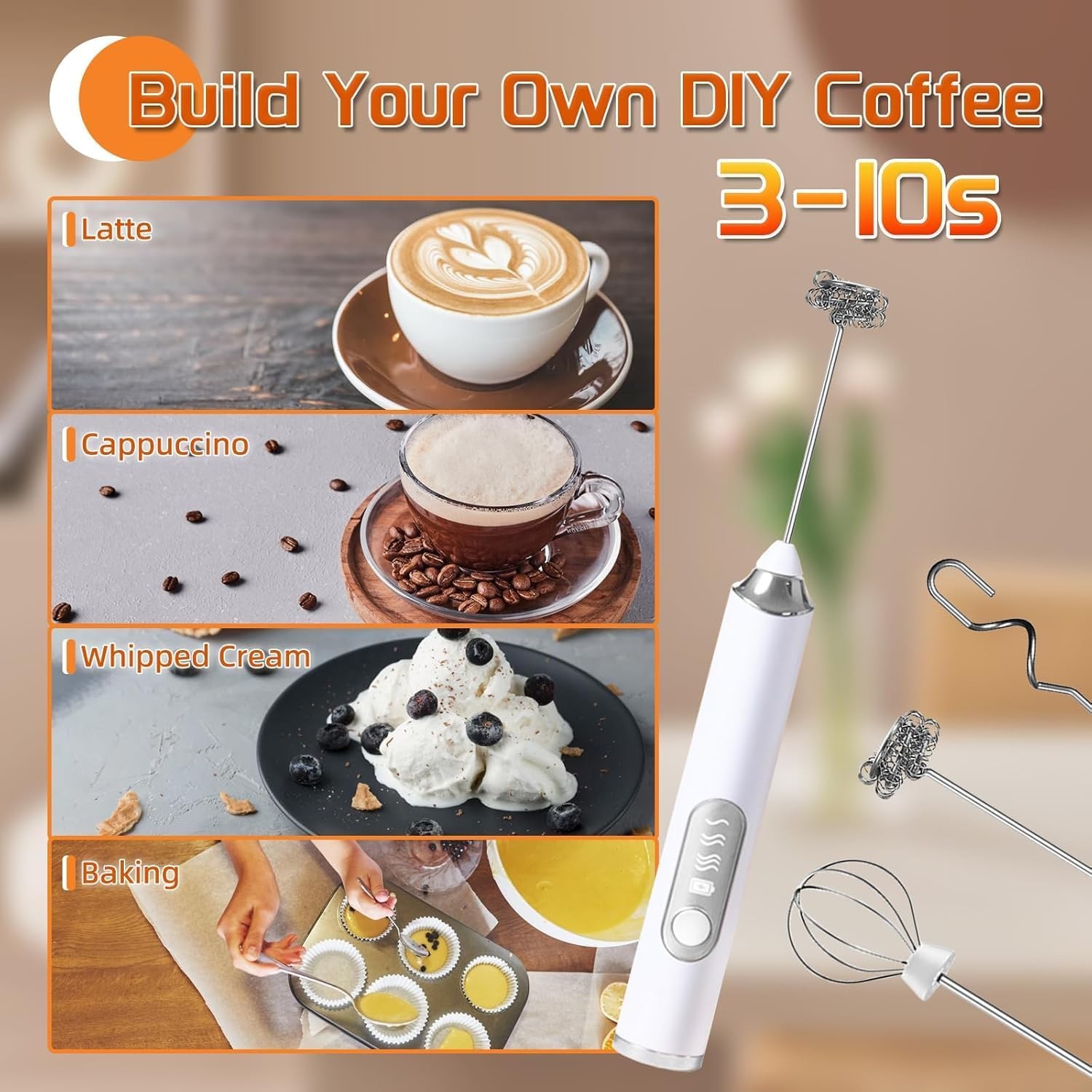 3in 1 Handheld Electric Whisk Mixer,Rechargeable 3 Speed Milk Frother Egg Beater