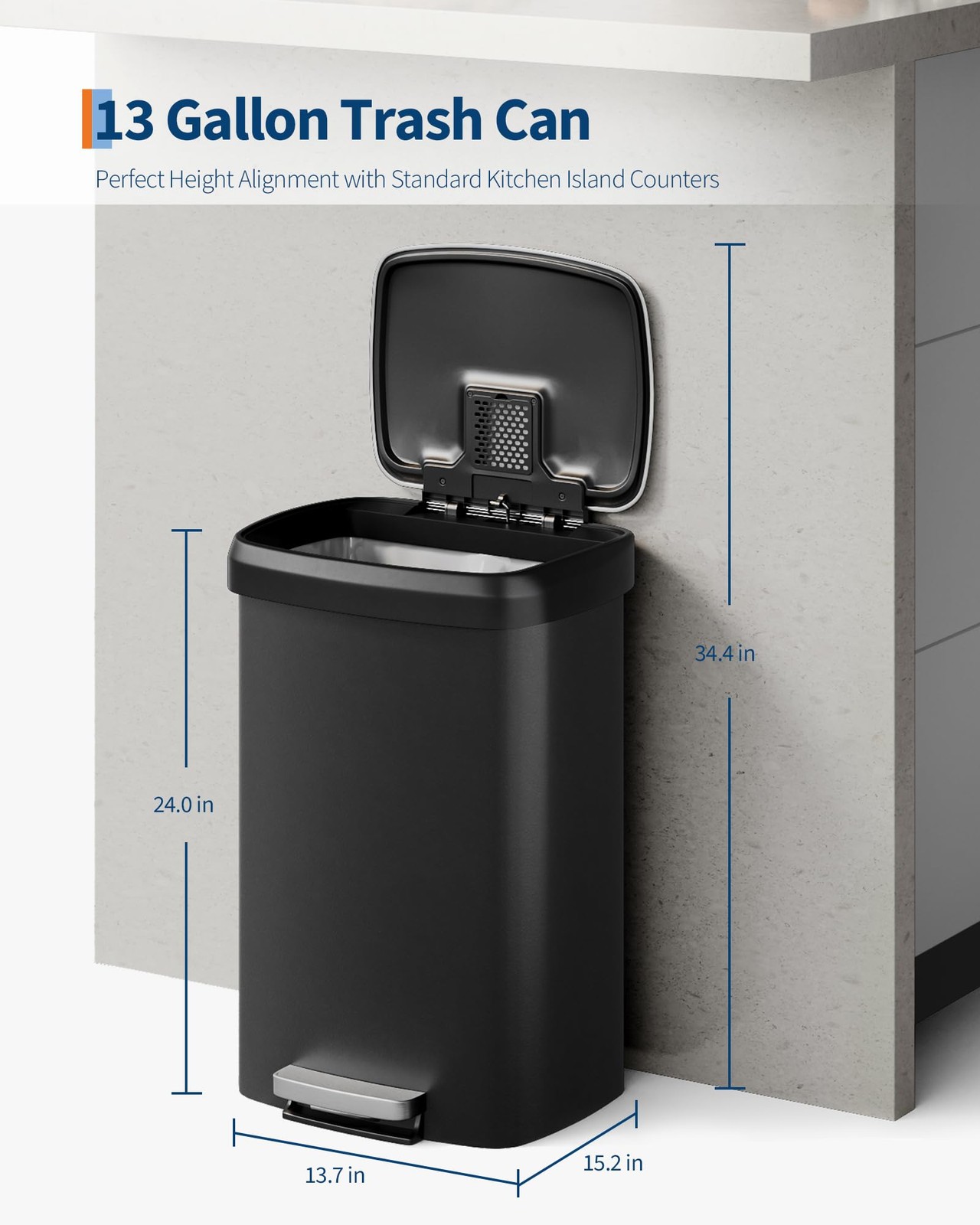 Plastic Garbage Can 13 Gal with Lid Step-On Soft Close Rear Handle Kitchen
