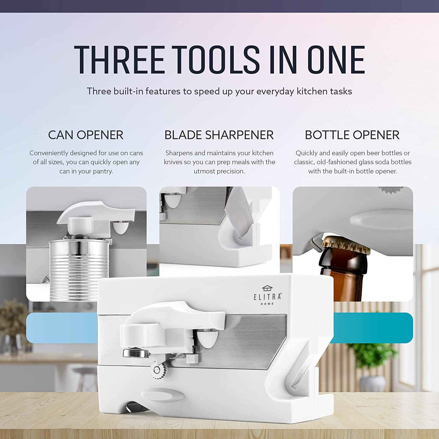 3 in 1 Under the Cabinet Electric Can Opener, Blade Sharpener, Bottle Opener