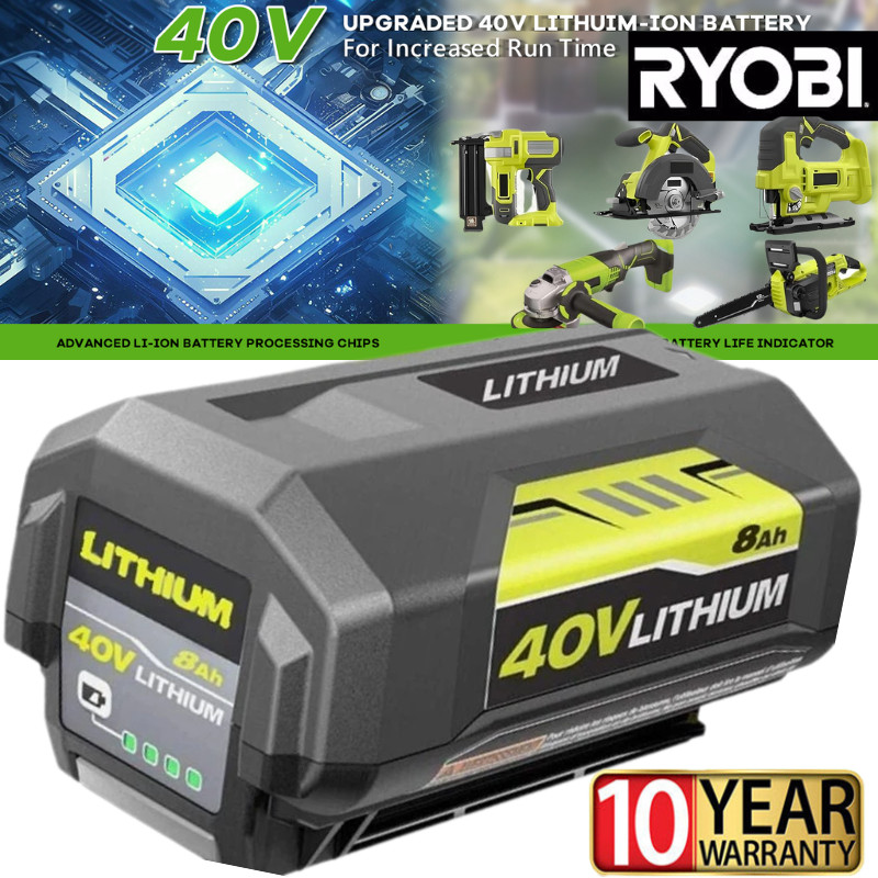 2PCS 8.0Ah Battery 40Volt for Ryobi 40V Lithium OP40602 Battery with LED/Charger
