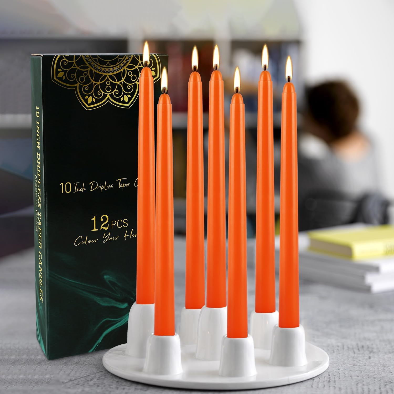 10 Inch Orange Slender Taper Candles Set – 12 Pcs Dripless, Smokeless with Cotto
