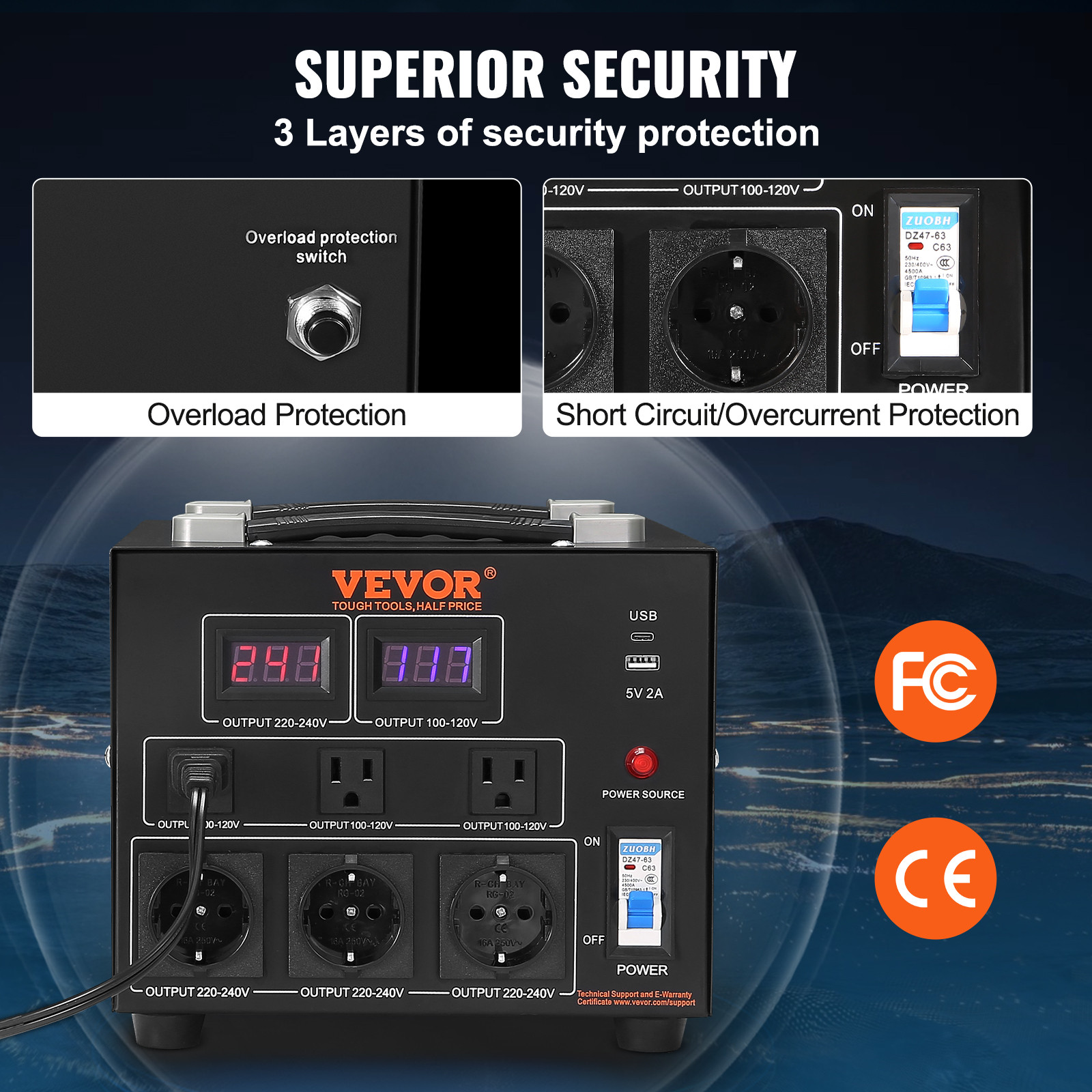 VEVOR 3000W Voltage Converter Transformer Step Up/Down 220V-110V /110V-220V CE