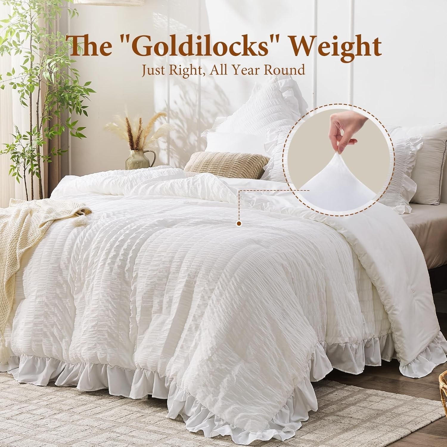 Vintage Style King Comforter Set in White – Soft Ruffle Design for All Seasons
