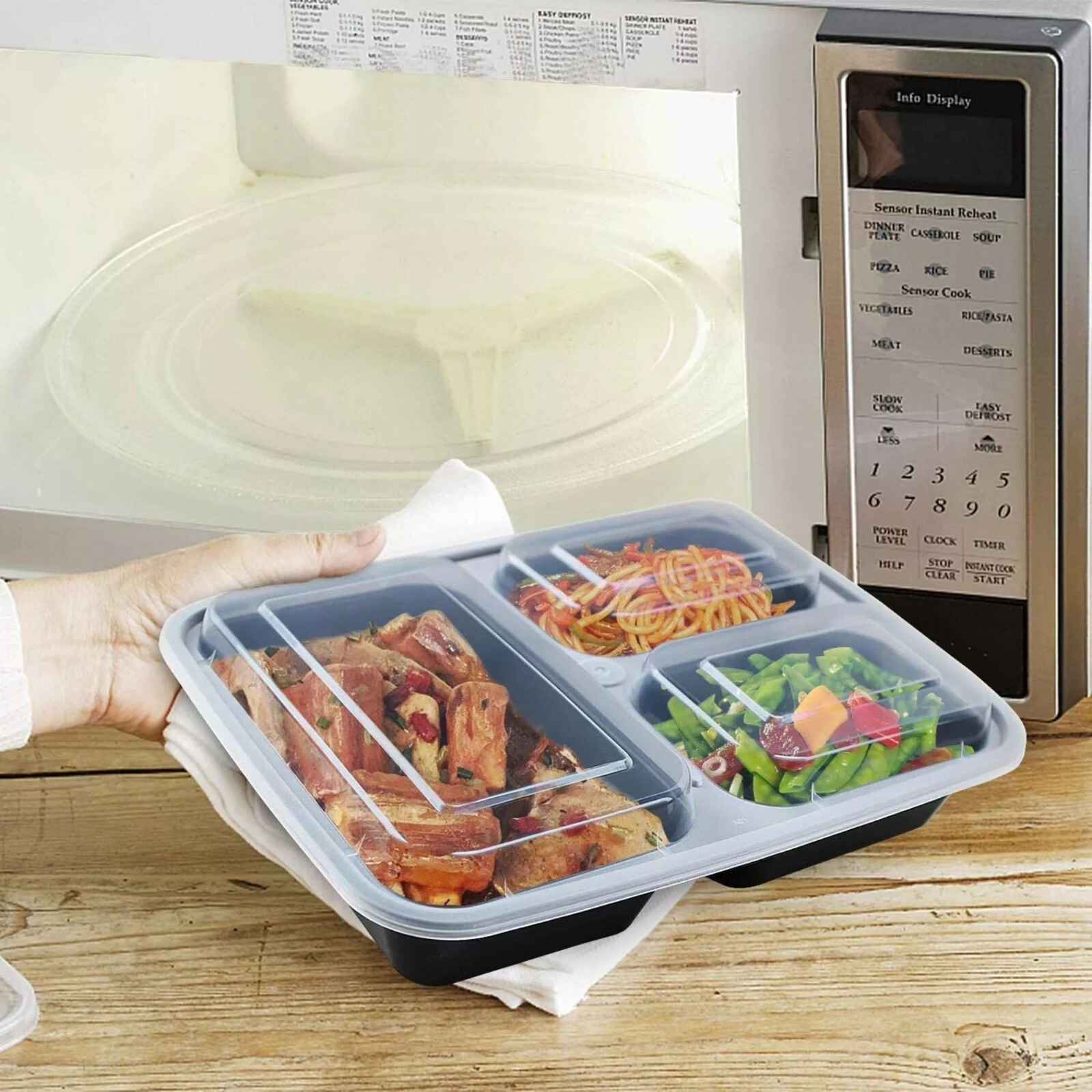 Enther Meal Prep Reusable Containers 36oz, 3 Compartment with Lids, [12 Pack]