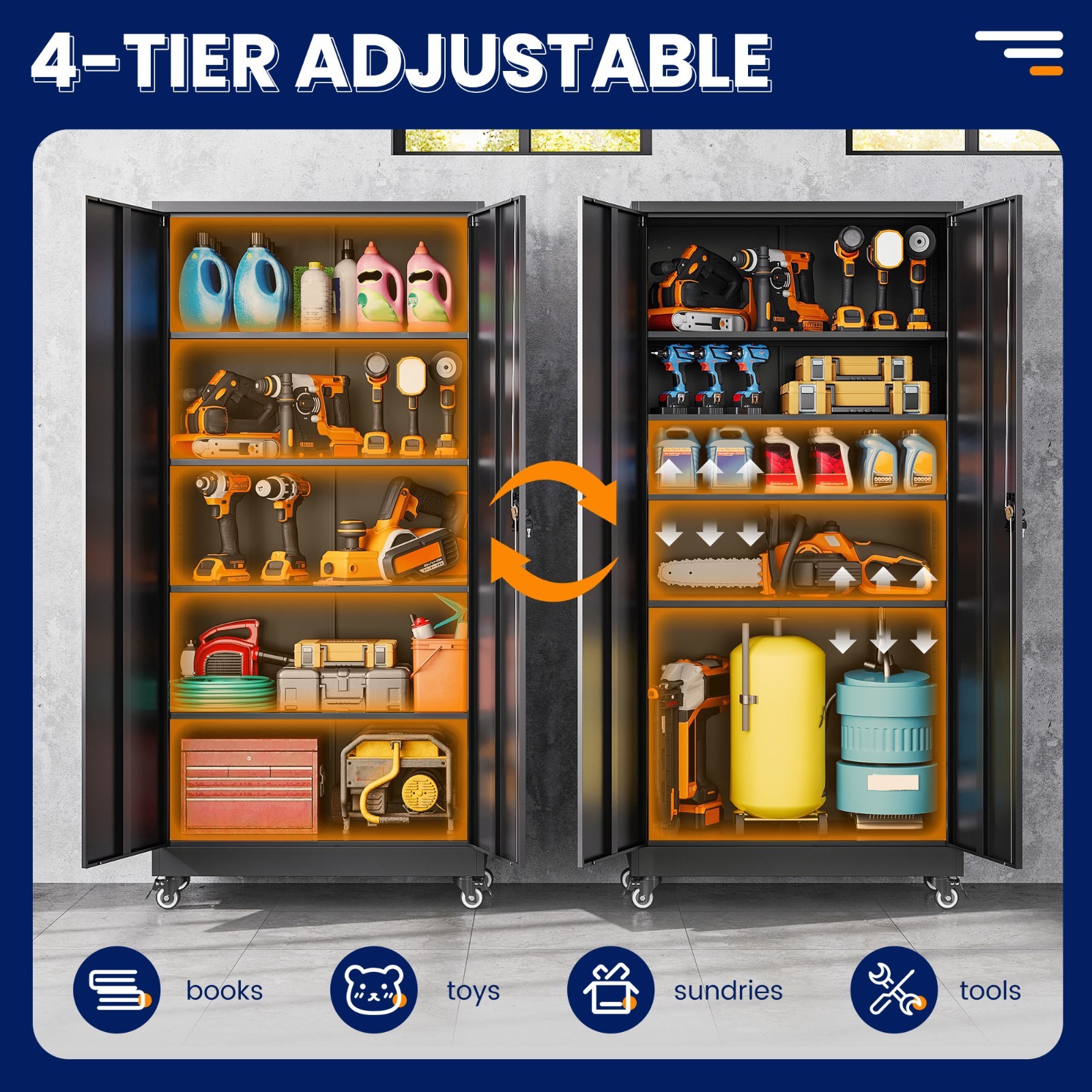 75″ Rolling Metal Garage Cabinet with Locking&Adjustable Shelves for Home/Garage