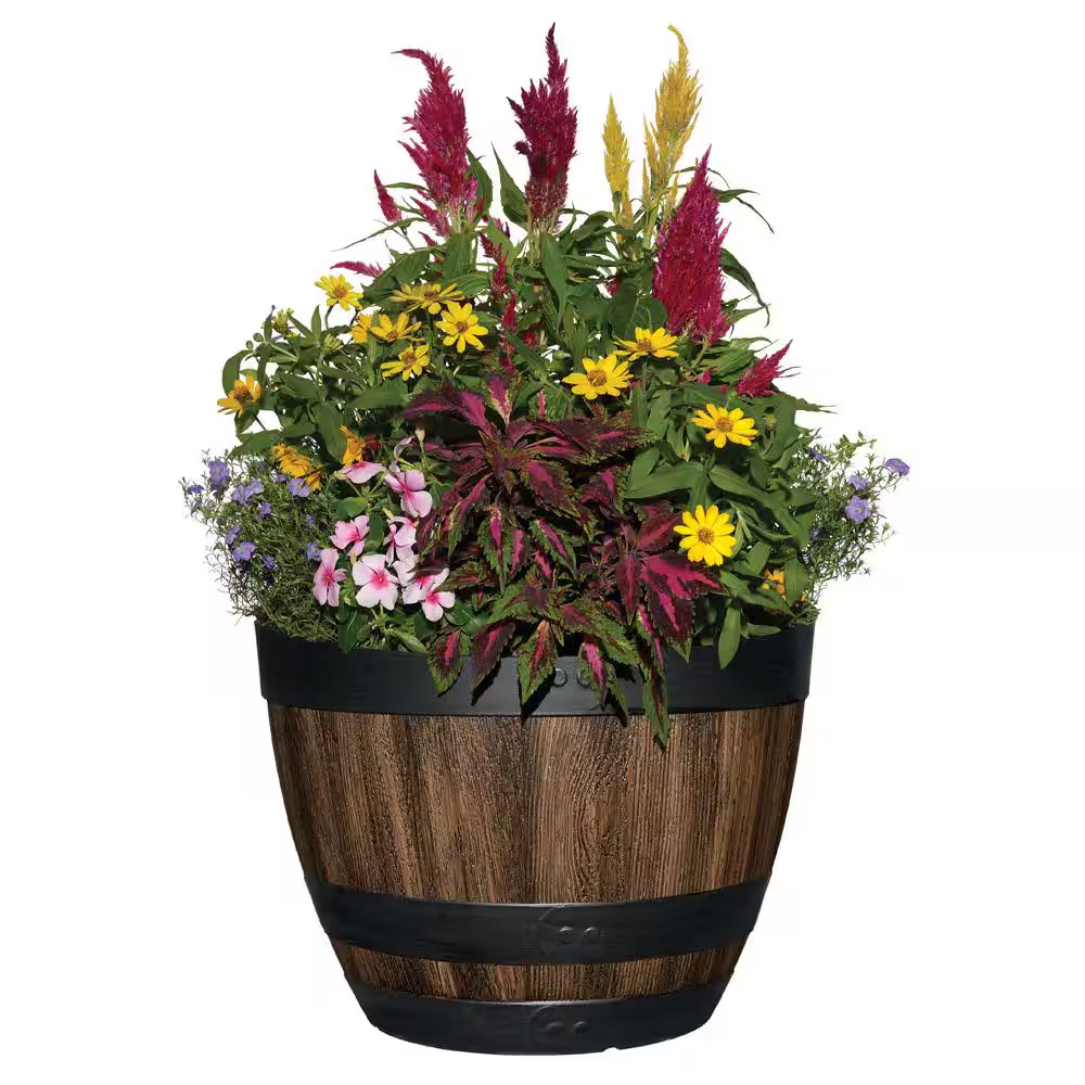 NEW Durable 20in Rustic Brown Resin Barrel Planter Outdoor Decor for Gardens