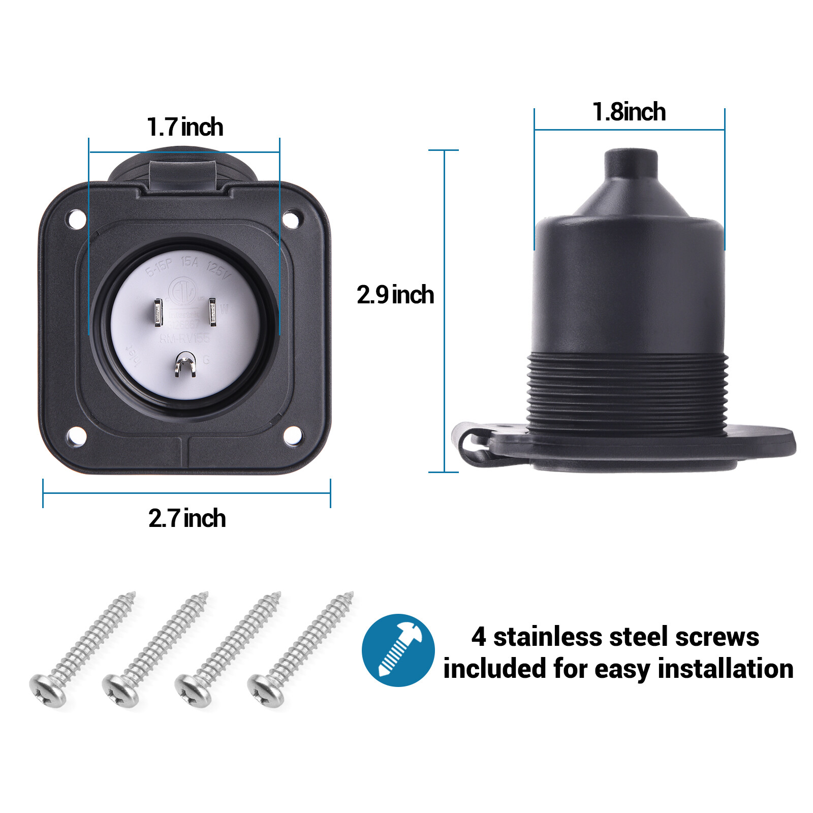 15A 125V Shore Power Inlet Port Plug,NEMA 5-15P Male Receptacle RV Flanged Inlet