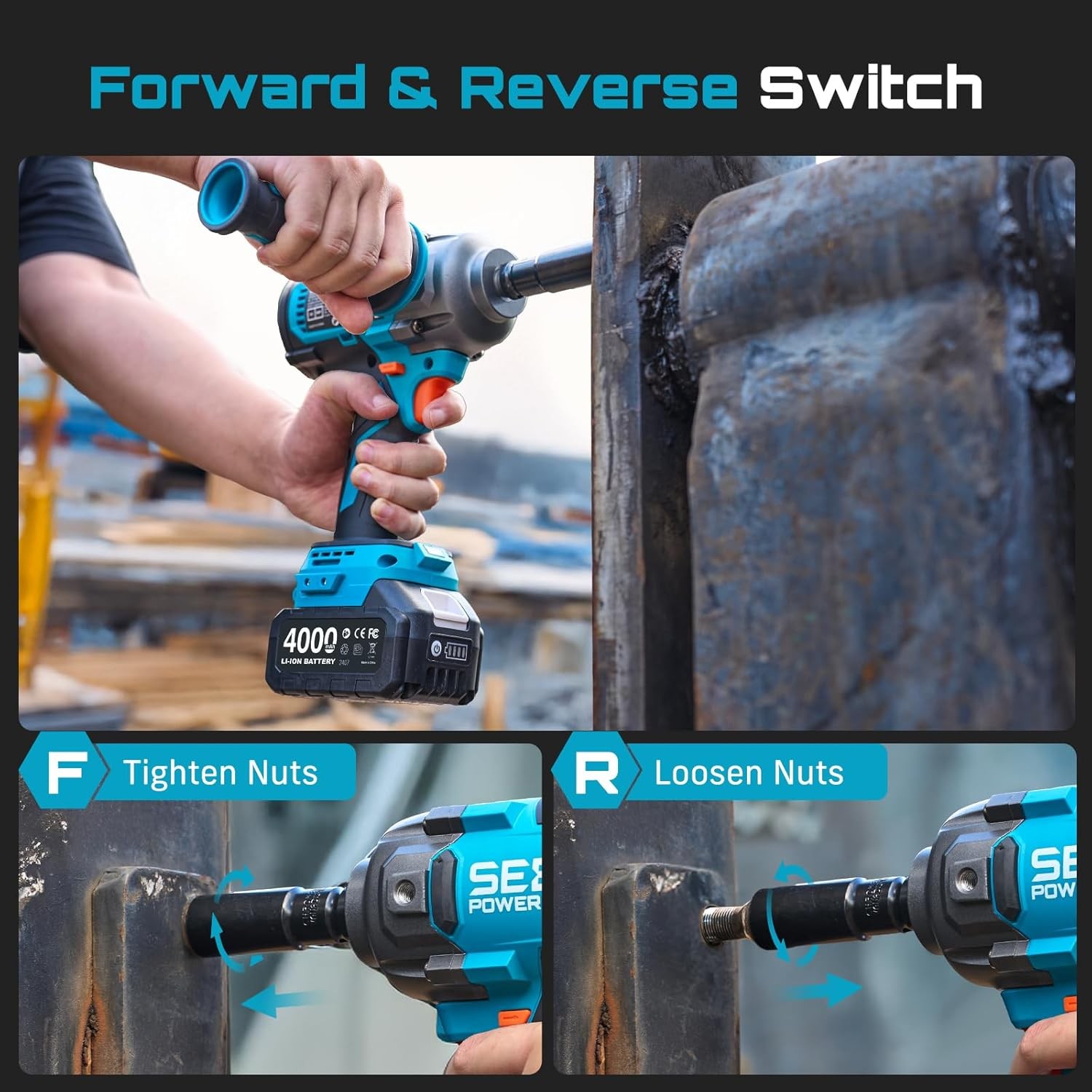 SEESII 1/2″ Impact Wrench Cordless 1180 Ft-lb Auxiliary Handle 2X4000MAH 2300RPM