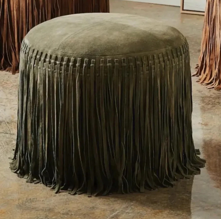 Premium Real Leather Suede Ottoman Pouf with Western Fringe Living Room Hall Roo