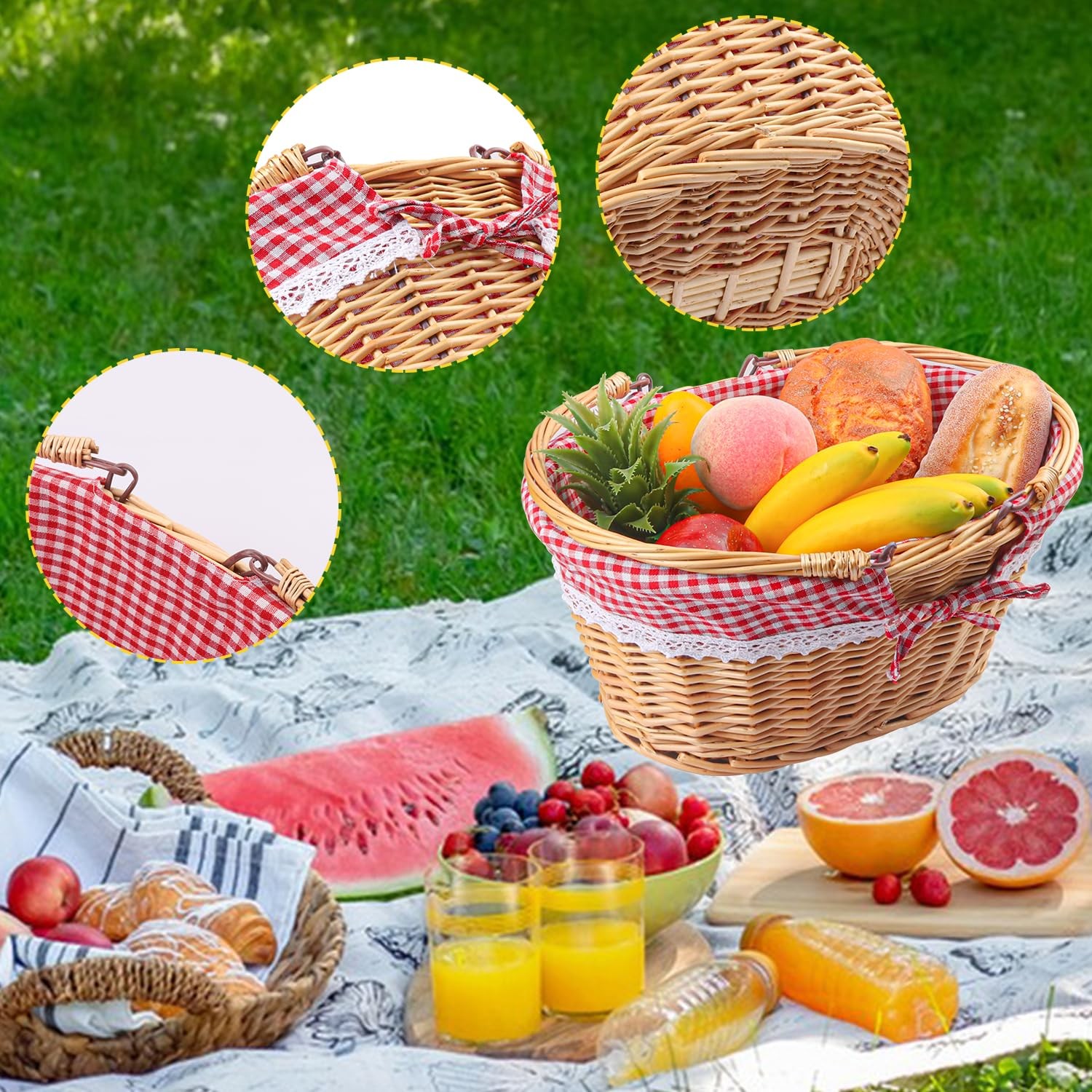 14.2 In Large Natural Wicker Basket Linen Cotton Lining Oval Woven Handle